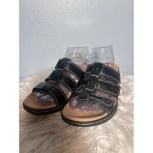 Clarks Leisa Slide Sandals Womens Size 9M Black Triple Strap Leather Adjustable